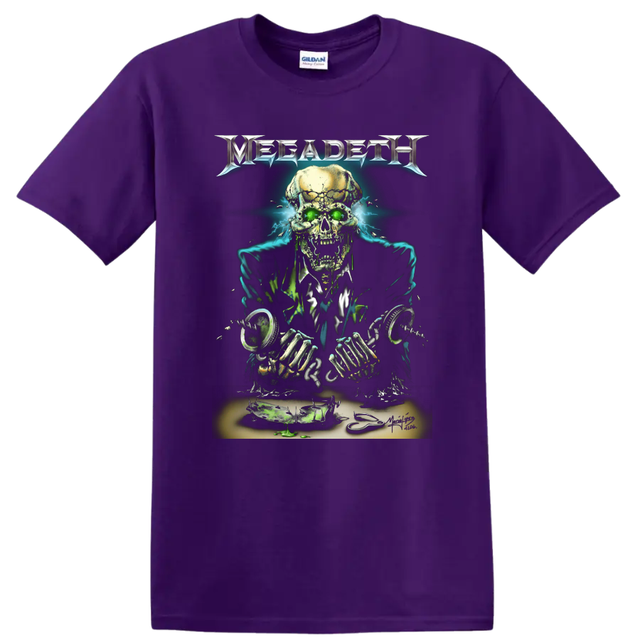 Megadeth skull with glowing green eyes and electric metal artwork on a T - Purple