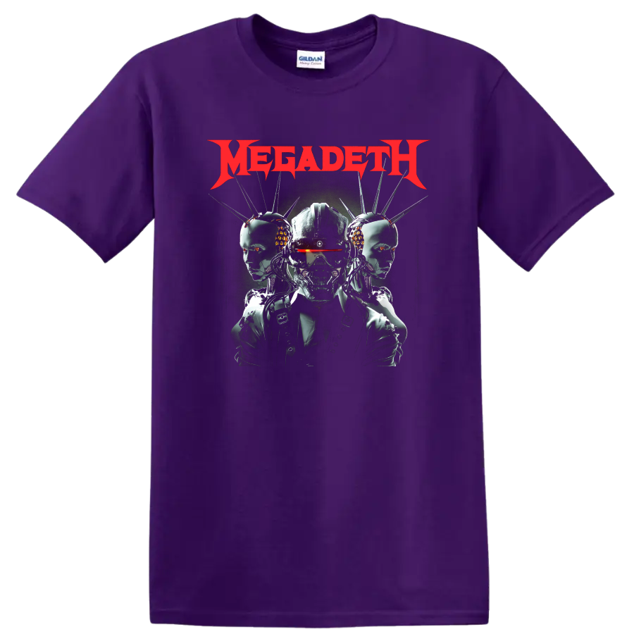 Megadeth red logo with cyber skull and robotic heads graphic on black T - Purple