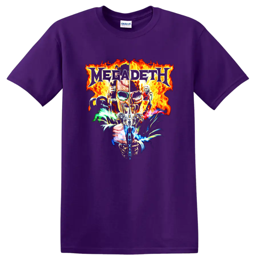 Megadeth flaming skull metal graphic T shirt with fiery flames and bold rock - Purple