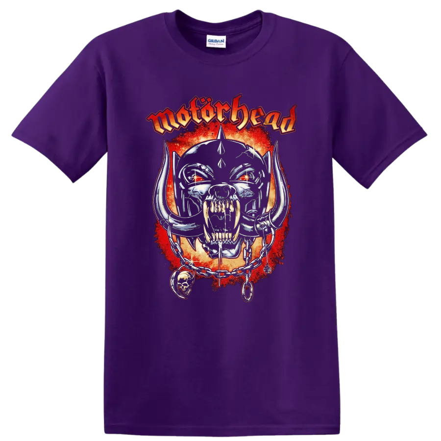 Motorhead skull graphic print T shirt with fiery red background and chain - Purple