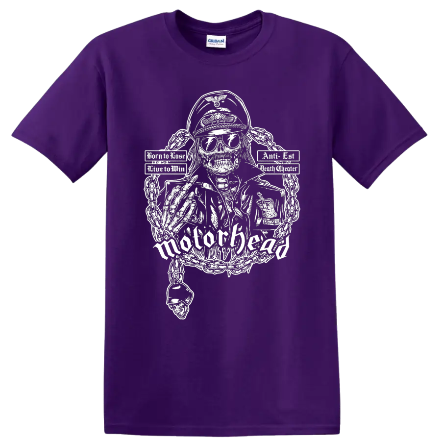 Motorhead skull graphic print T shirt with chains and rock metal - Purple