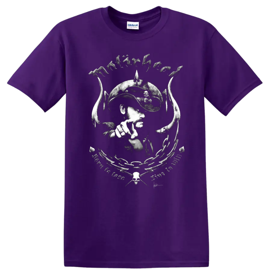 Black-and-white MOTORHEAD rock metal skull graphic T shirt with cowboy portrait and - Purple