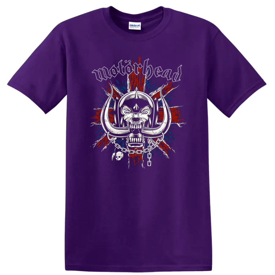 Motorhead skull graphic with gothic lettering and red blue burst on black T - Purple