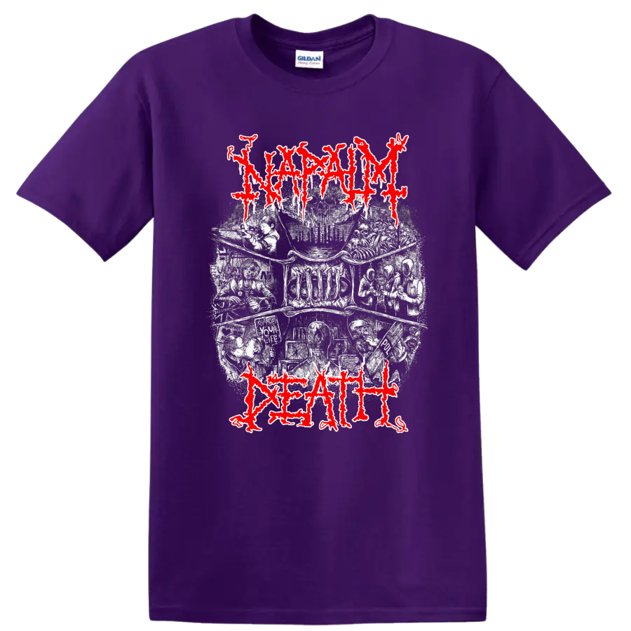 Napalm Death distressed red logo over gritty monochrome metal artwork on T - Purple