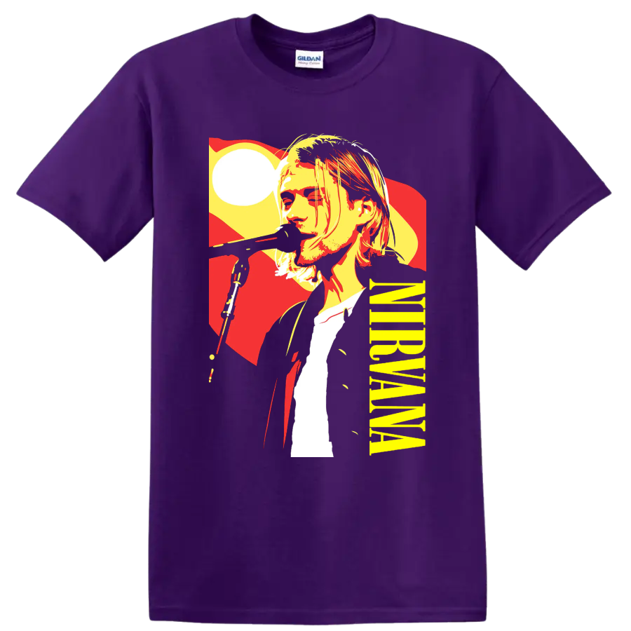 Nirvana-inspired rock portrait graphic print T shirt in red, yellow, black, and - Purple