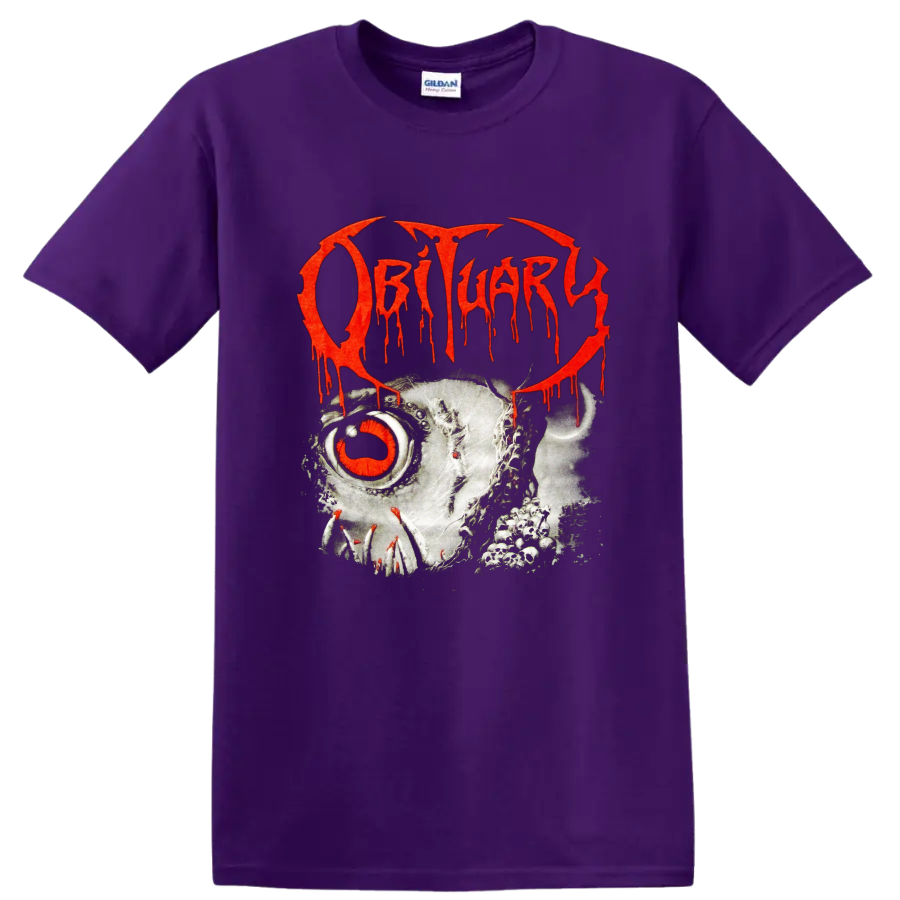 Obituary red dripping logo over skull artwork on black - Purple