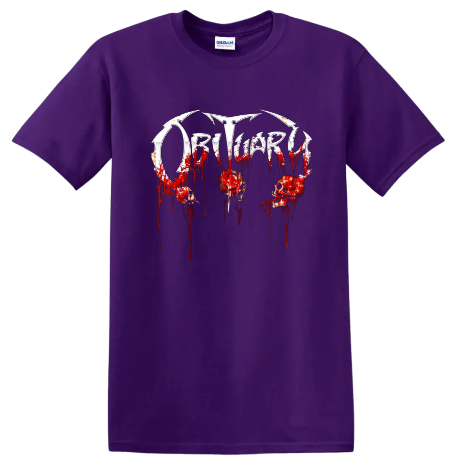 Obituary death metal logo with blood drips and skulls graphic print T - Purple