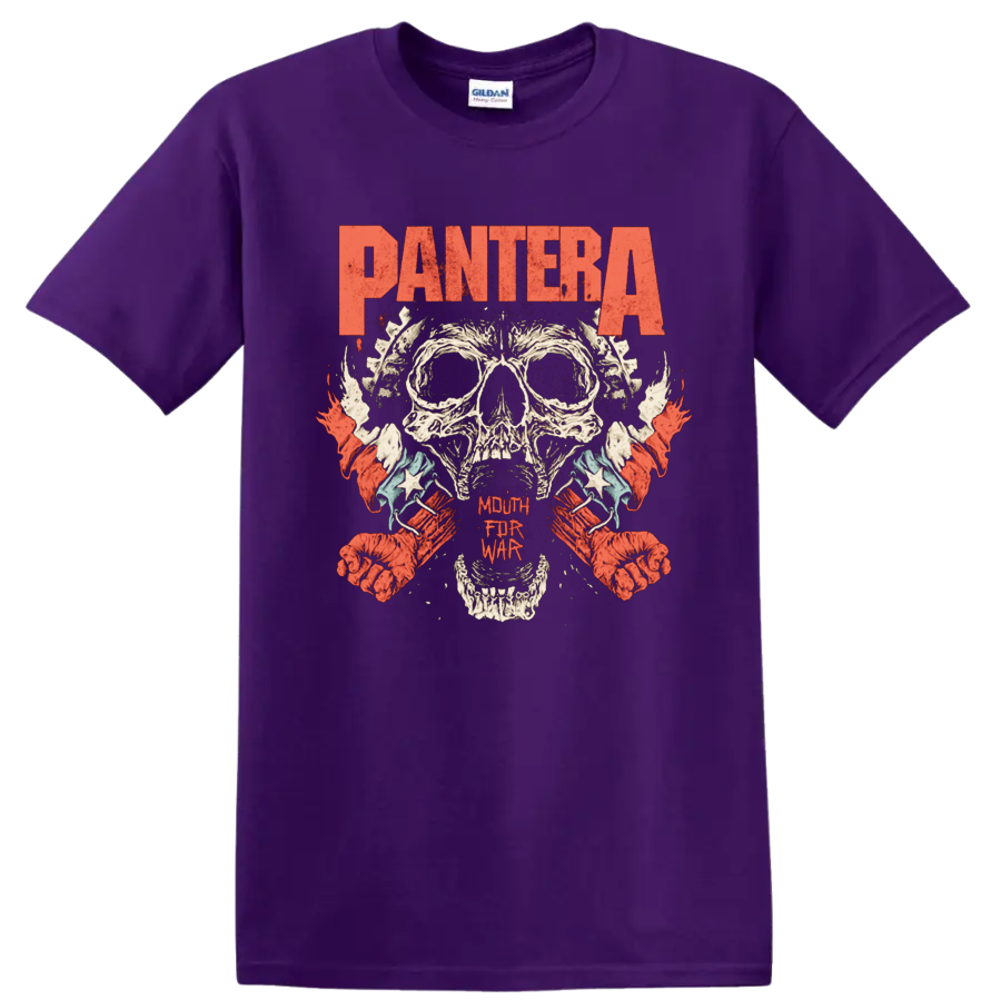 Pantera skull graphic print with distressed red heavy metal lettering T - Purple