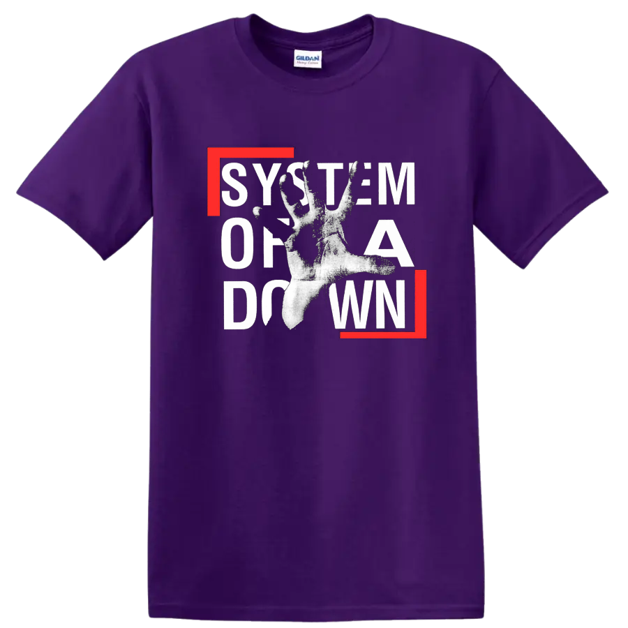System of a Down graphic print with distressed text and hand on black T - Purple