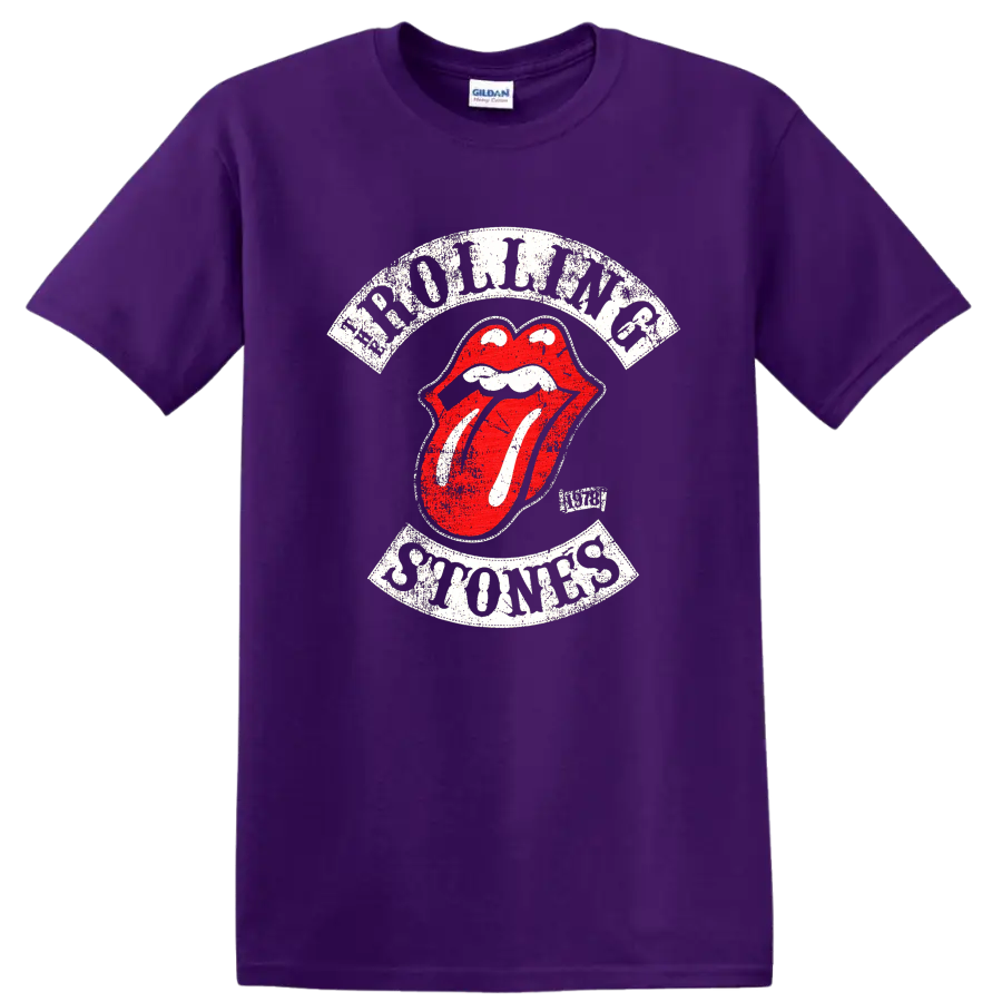 Distressed Rolling Stones tongue logo graphic print T shirt on a Purple T Shirt