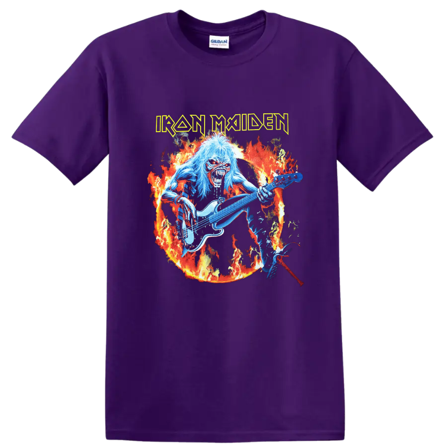 Iron Maiden Eddie guitarist in flames with distressed band logo artwork on a Purple T Shirt