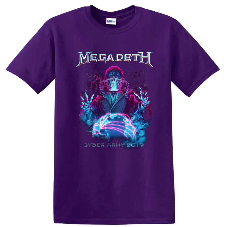 Vic Rattlehead Cyber Army neon cyberpunk skull with digital globe and Megadeth logo on a Purple T Shirt