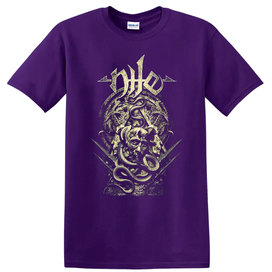 Nile death metal logo above a coiled snake, skull, and ancient Egyptian-style artwork on a Purple T Shirt