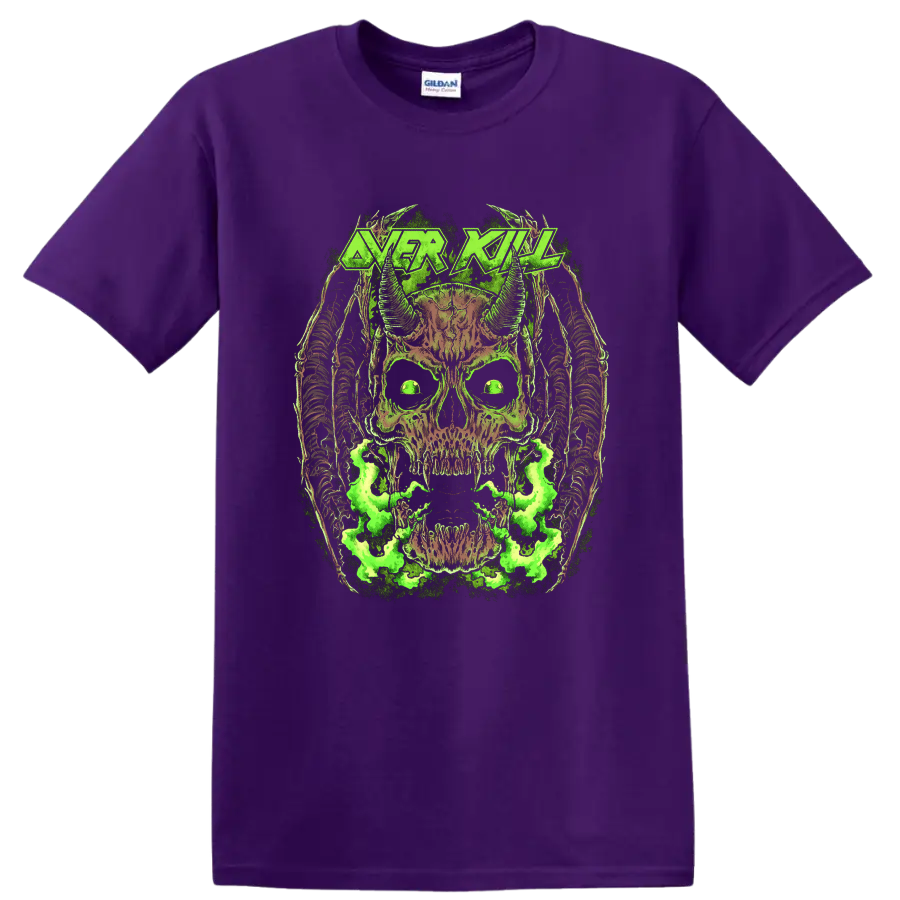 Overkill Chaly horned skull artwork with neon green smoke and distressed metal logo on a Purple T Shirt