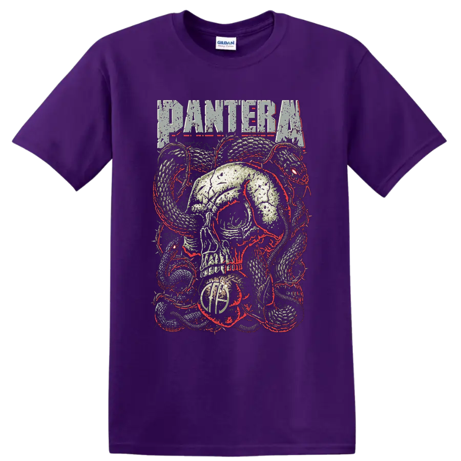 Pantera distressed skull and coiled snake heavy metal graphic with red accents on a Purple T Shirt