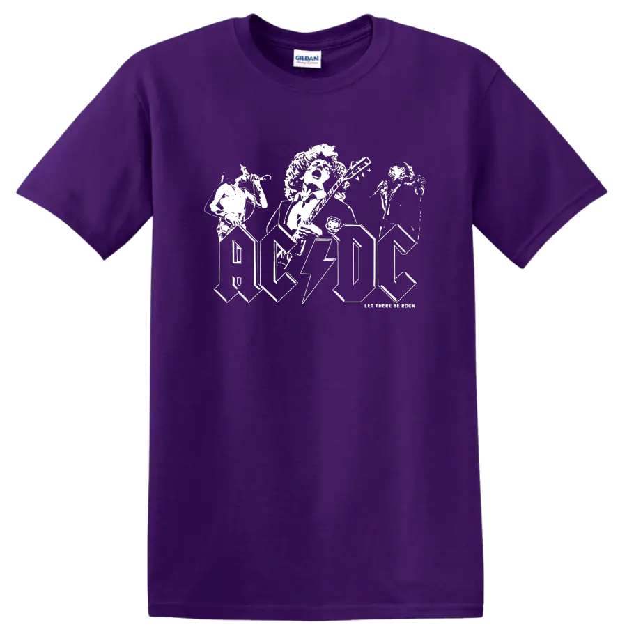 AC/DC Angus Young guitarist artwork with lightning logo and Let There Be Rock text on a Purple T Shirt