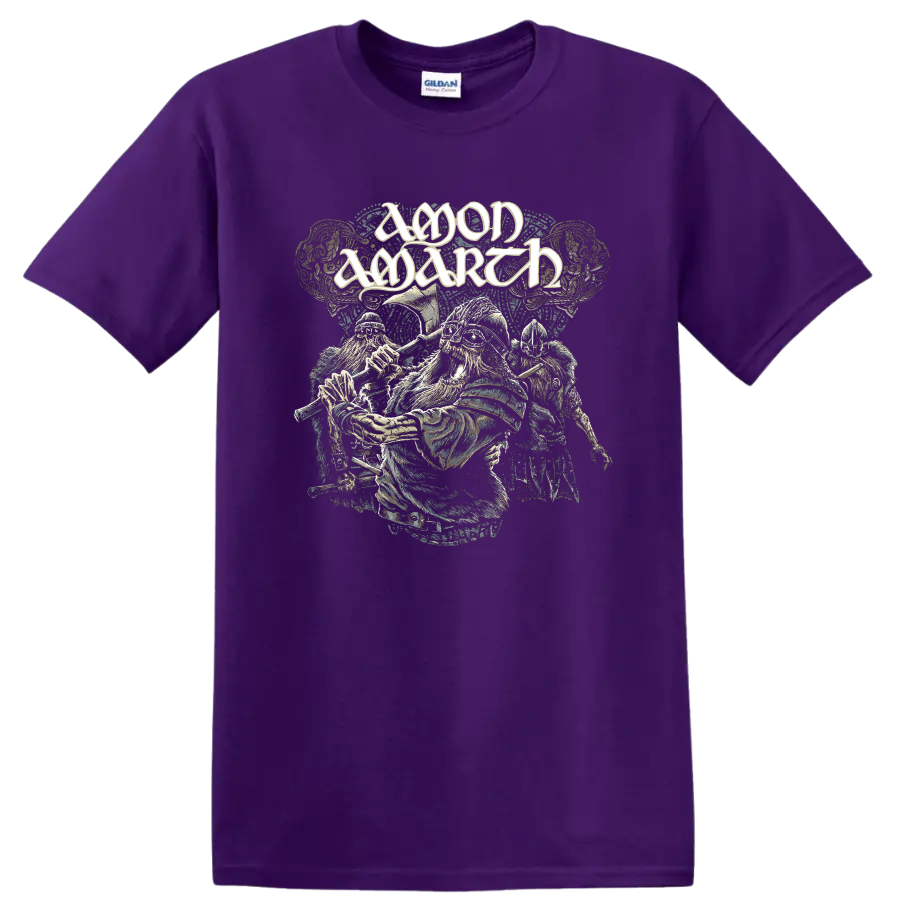 Amon Amarth logo above distressed Viking warriors with axes and armored helmets on a Purple T Shirt