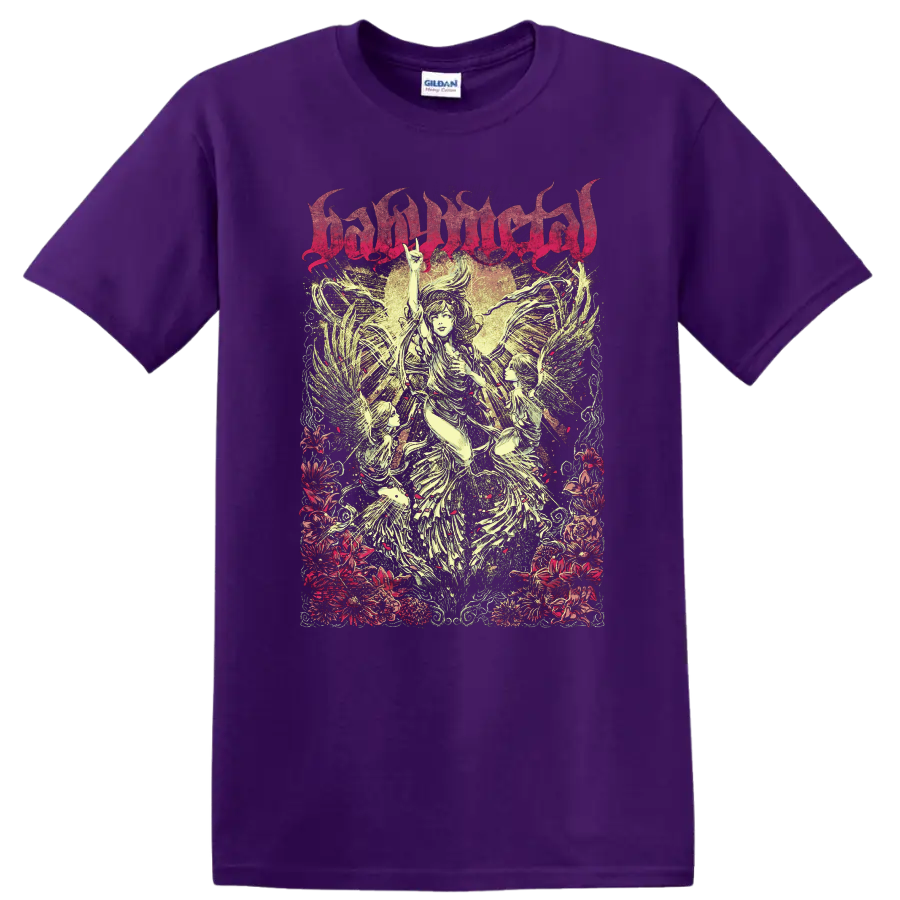 BABYMETAL angelic winged figures with floral border in distressed metal poster art on a Purple T Shirt