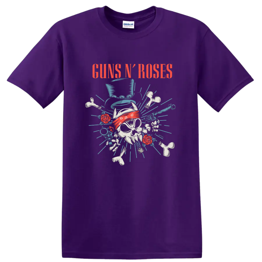 Guns N' Roses distressed skull with red bandana, roses, bones, and blue rays on a Purple T Shirt