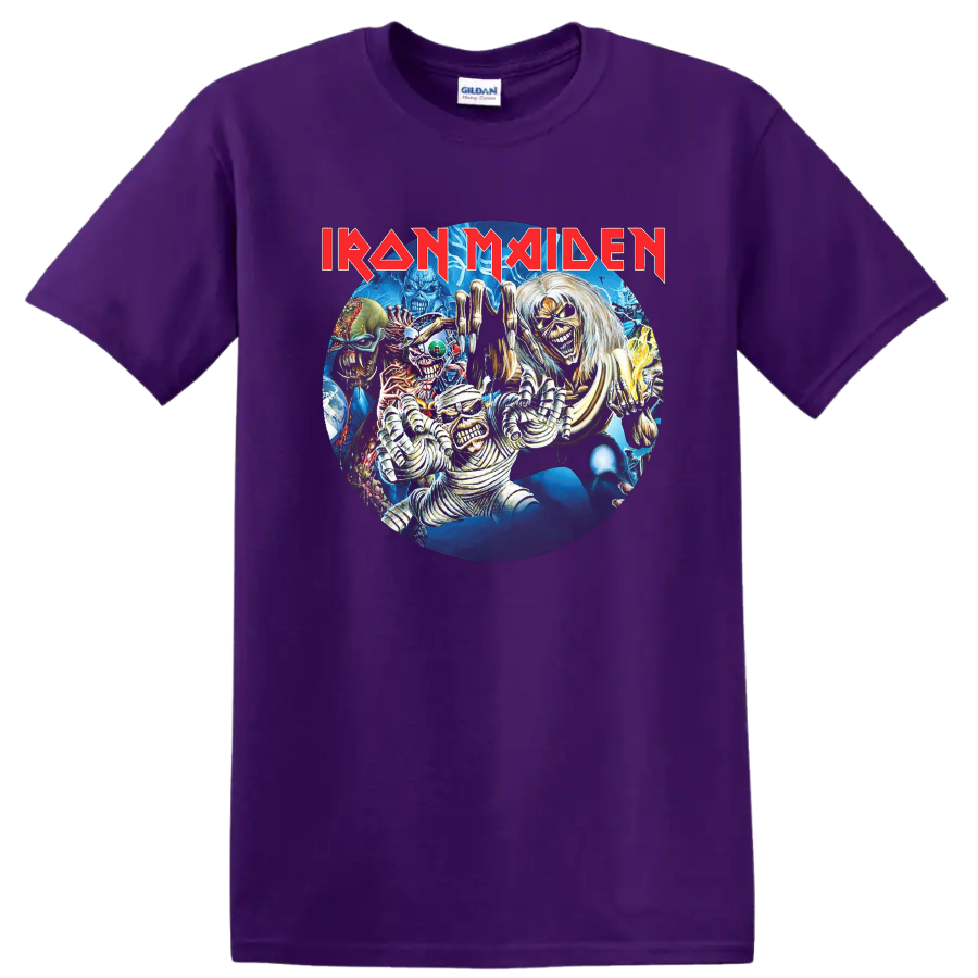 Iron Maiden Eddie horror collage with lightning, monsters, and red logo on a Purple T Shirt