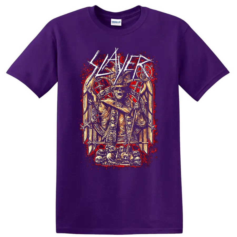 Slayer Haunting the Chapel skeletal warrior with skulls, blades, and distressed red on a Purple T Shirt