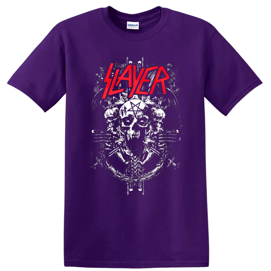 Slayer red logo above distressed skull, pentagram, chains, and spikes metal artwork on a Purple T Shirt