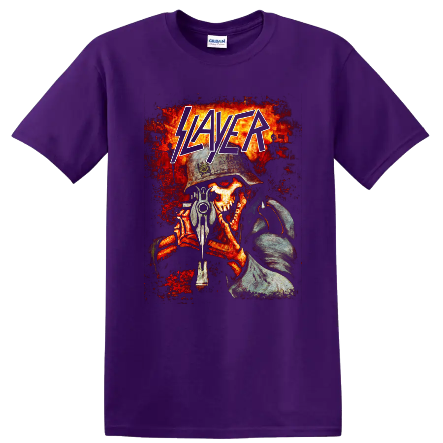 Slayer logo over helmeted skull soldier with gun and fiery battlefield artwork on a Purple T Shirt
