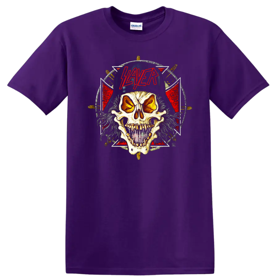 Slayer Slaytanic Wehrmacht skull with red logo and distressed metal backdrop on a Purple T Shirt