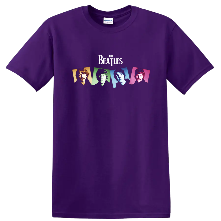 The Beatles four-panel pop art portraits in orange, green, blue, and pink on a Purple T Shirt