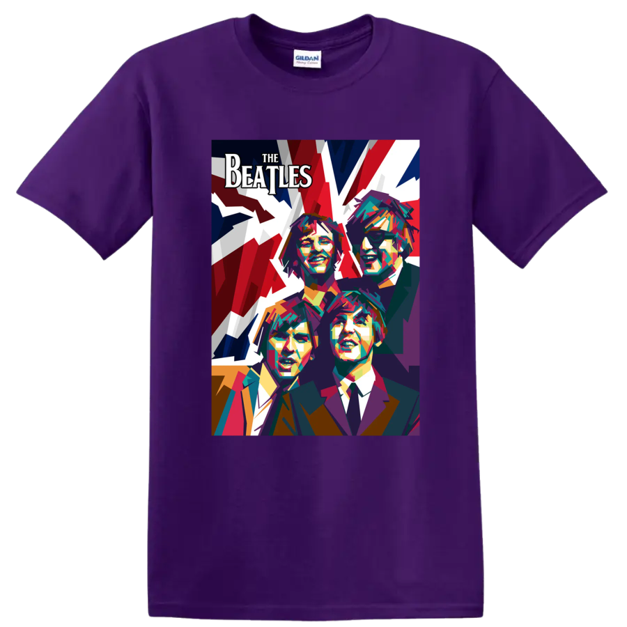 The Beatles colorful geometric pop-art portraits with bold red, white, and blue backdrop on a Purple T Shirt