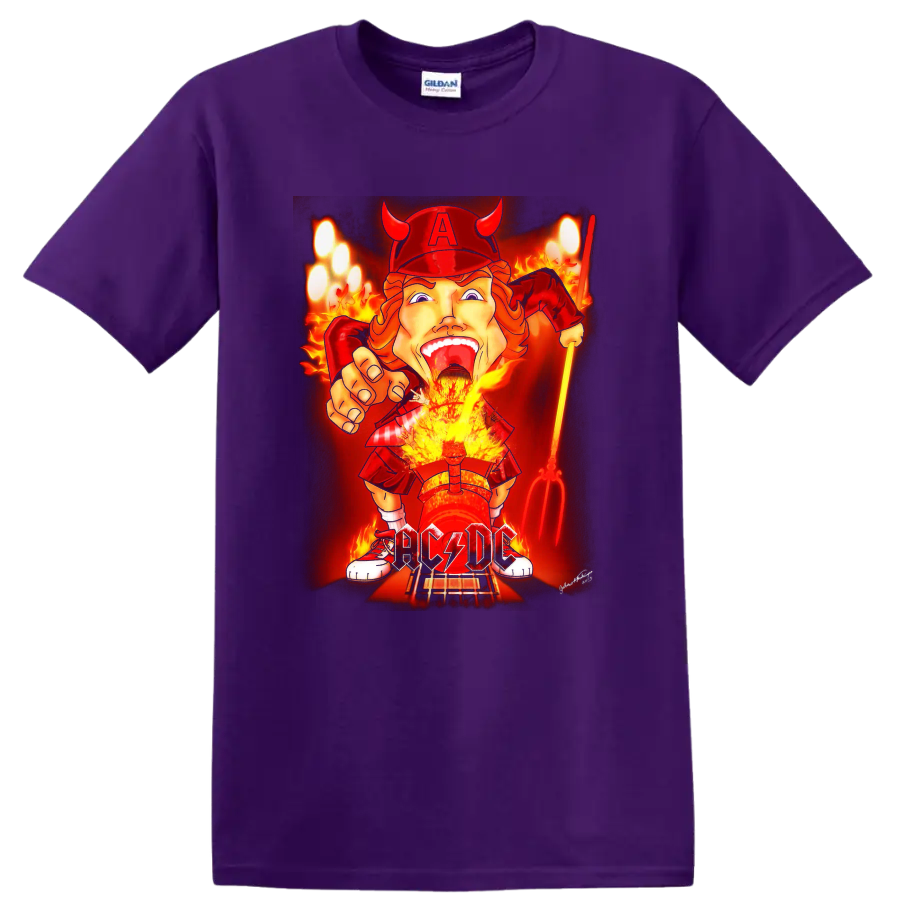 Angus Young AC/DC devil rocker cartoon with flames, guitar, and lightning lettering on a Purple T Shirt