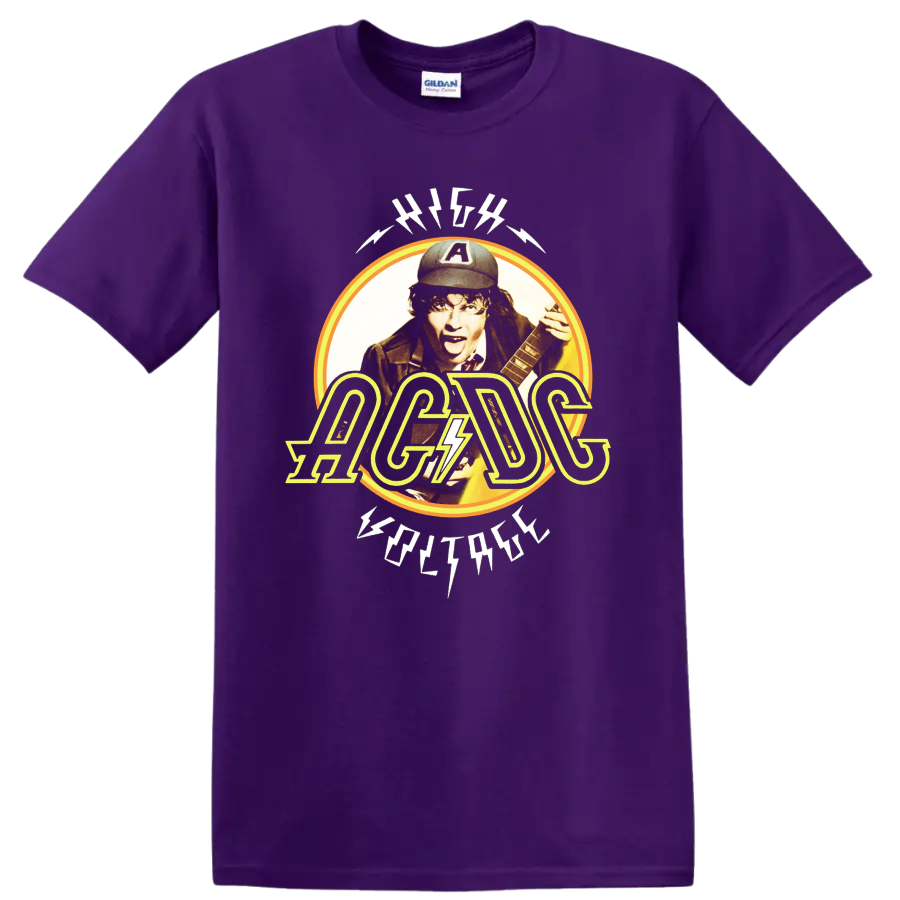 Angus Young AC/DC High Voltage vintage guitar portrait with lightning logo on a Purple T Shirt