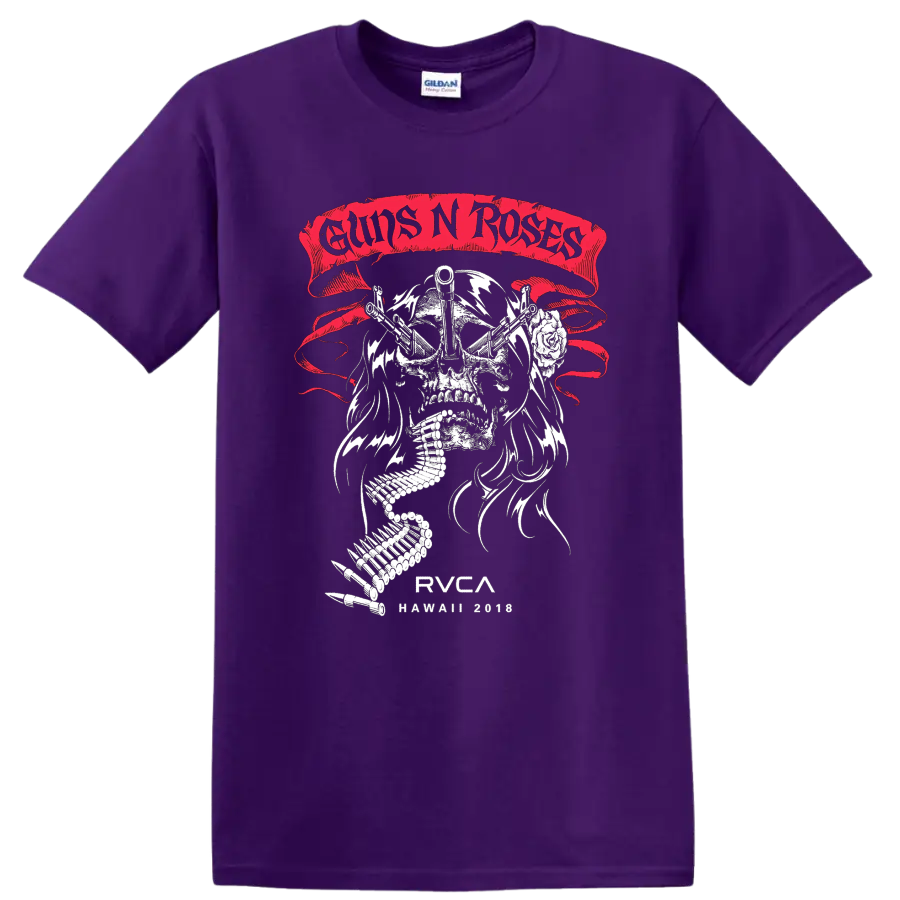 Guns N Roses skull with crossed guns, rose, ammo belt, and distressed red banner on a Purple T Shirt
