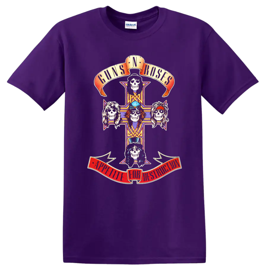 Guns N' Roses Appetite for Destruction skull cross with five colorful skull portraits on a Purple T Shirt