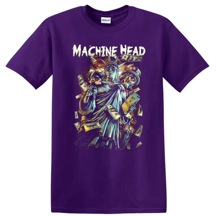 Machine Head distressed Statue of Liberty money and heavy metal tour artwork on a Purple T Shirt
