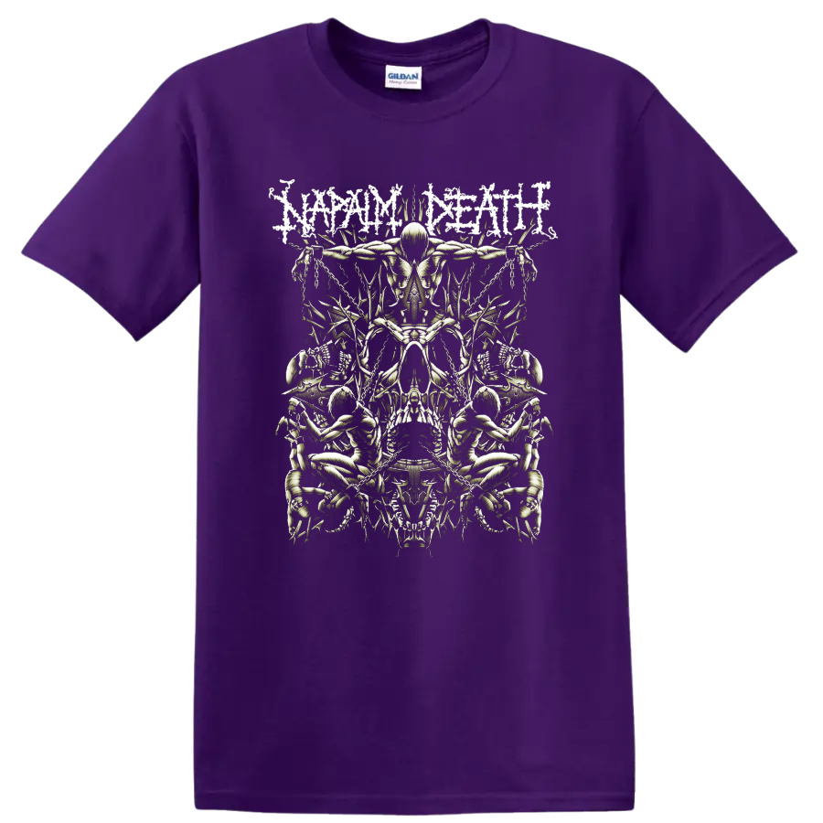 Napalm Death distressed logo above mirrored skeletal horror artwork with skulls and chains on a Purple T Shirt