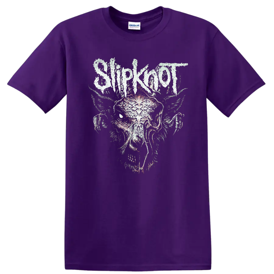 Distressed Slipknot wordmark above a snarling rotting goat illustration on a Purple T Shirt