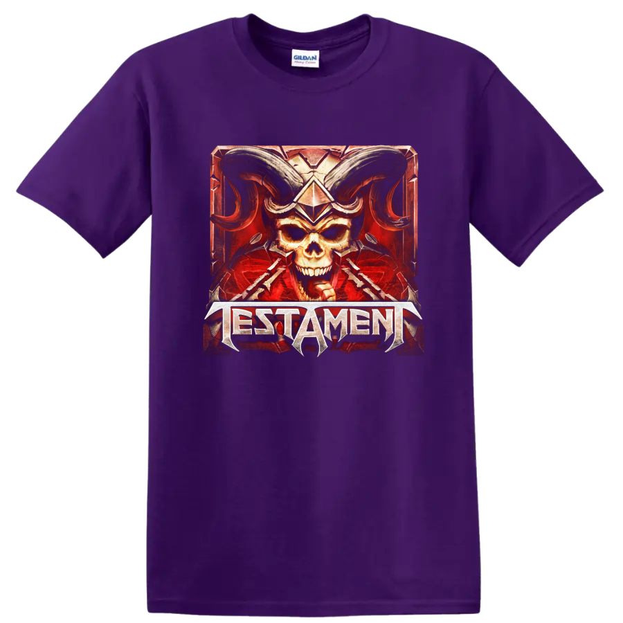 Testament horned skull heavy metal graphic with red armored border on a Purple T Shirt