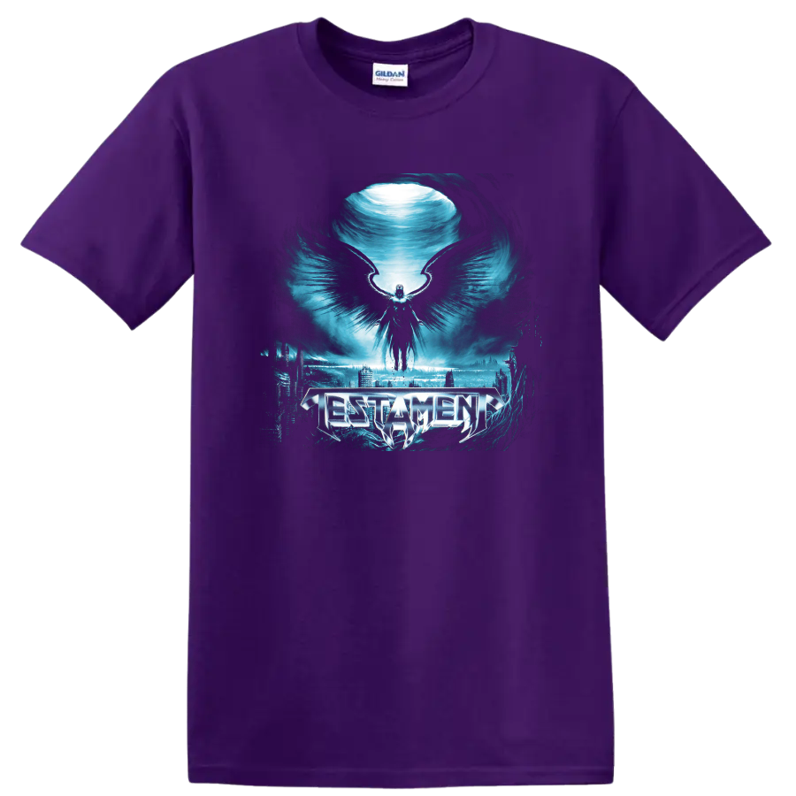 Testament logo with winged figure over icy blue dark fantasy cityscape on a Purple T Shirt