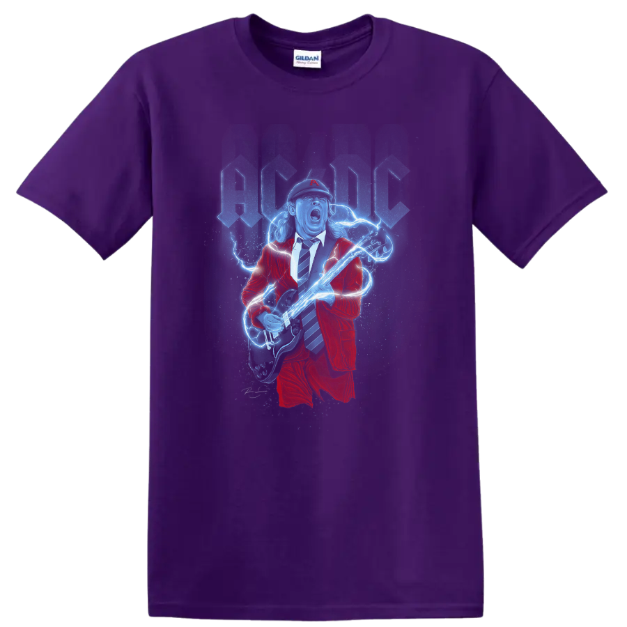 Angus Young AC/DC guitarist in red suit with electric guitar and blue lightning on a Purple T Shirt