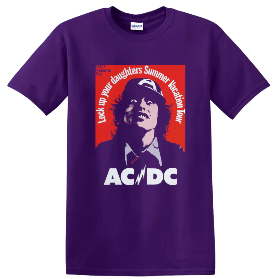 Angus Young portrait with AC/DC Lock Up Your Daughters Summer Vacation Tour text on a Purple T Shirt