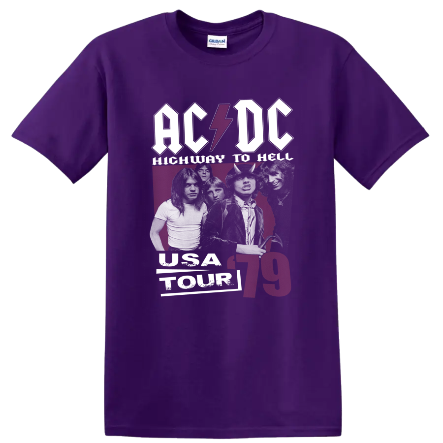 AC/DC Highway to Hell 1979 graphic with Bon Scott, Angus Young, and lightning bolt on a Purple T Shirt