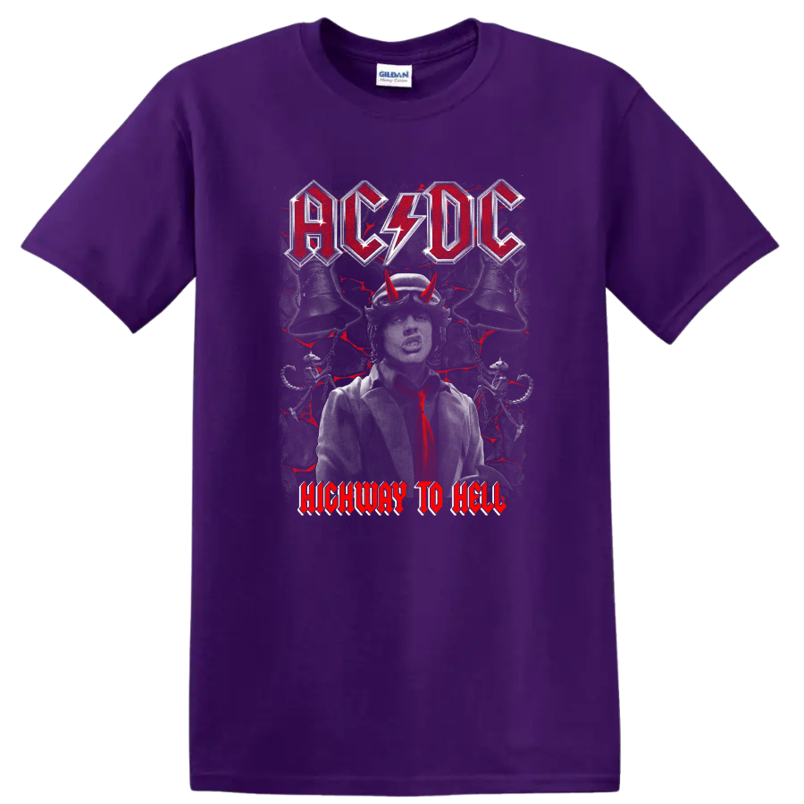 AC/DC Highway to Hell Angus Young portrait with devil horns and distressed rock art on a Purple T Shirt