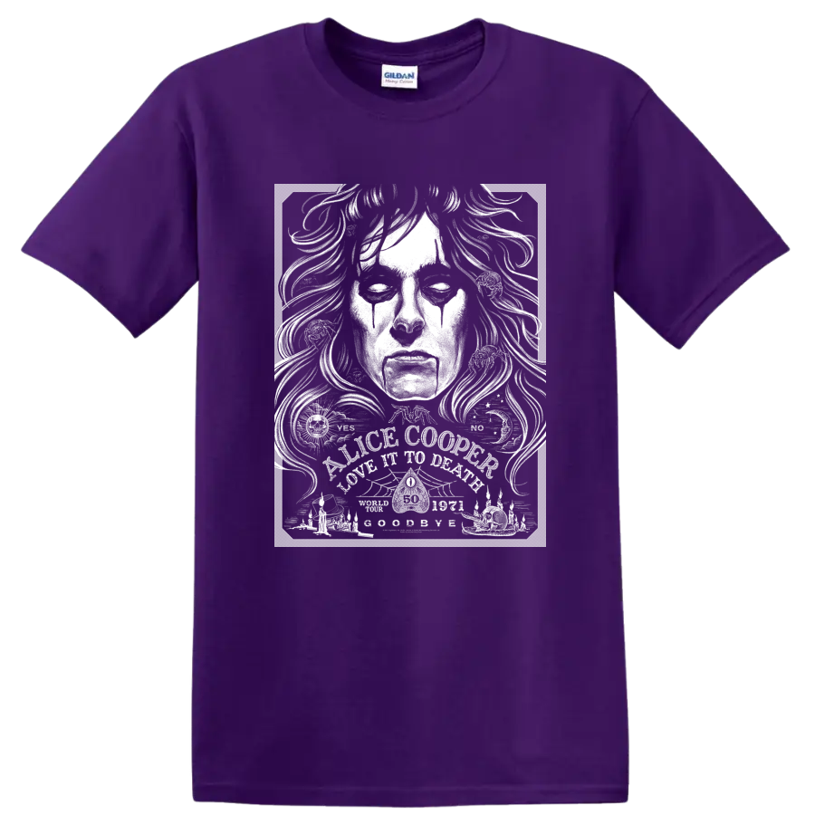Alice Cooper high-contrast black and white rock portrait graphic on a Purple T Shirt