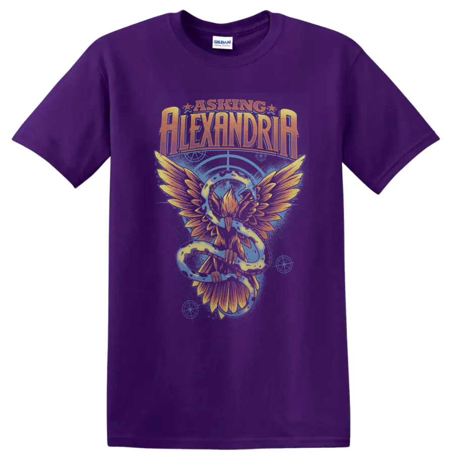 Asking Alexandria distressed logo with winged phoenix and electric blue energy artwork on a Purple T Shirt