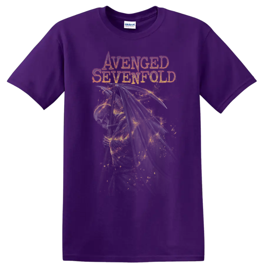 Avenged Sevenfold distressed lettering above a detailed winged Deathbat skull graphic on a Purple T Shirt