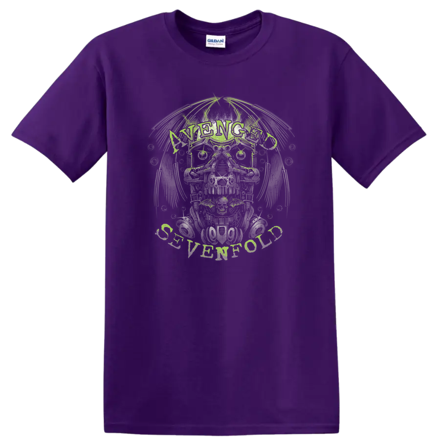 Avenged Sevenfold Deathbat skull with wings in distressed rock-metal illustration on a Purple T Shirt
