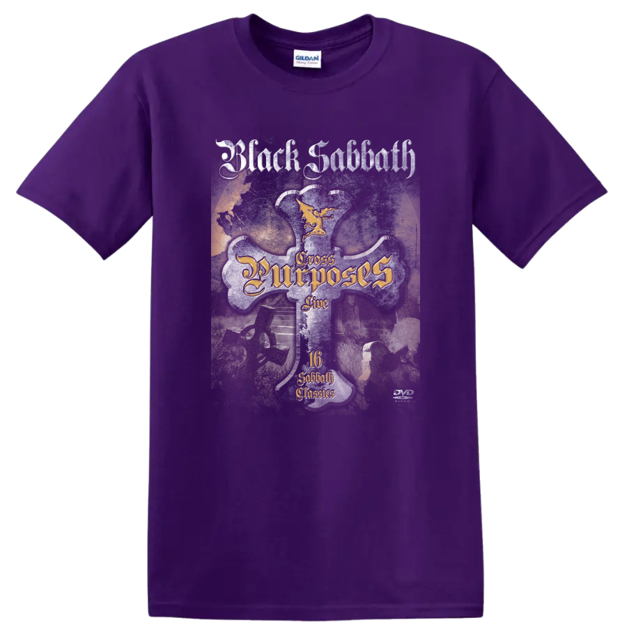 Black Sabbath Cross Purposes Live gothic cross with winged figure and distressed lettering on a Purple T Shirt