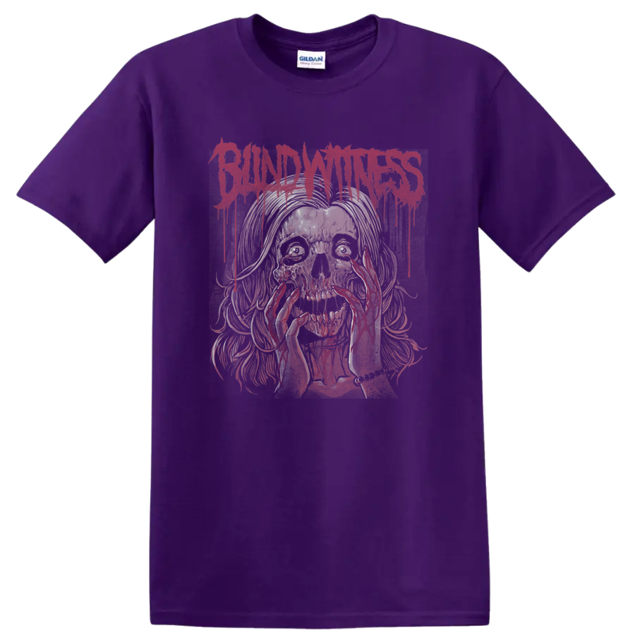 Blind Witness dripping red logo above a distressed skull horror illustration on a Purple T Shirt