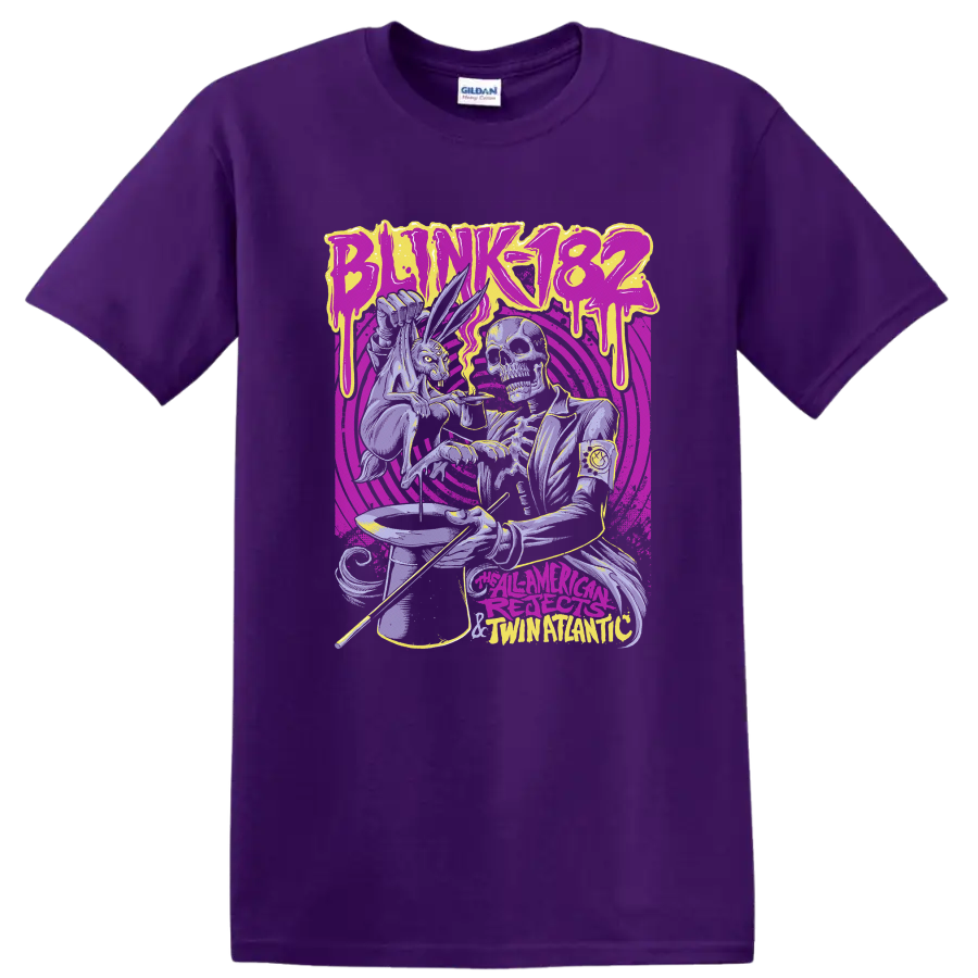 Blink-182 inspired skeleton punk graphic with neon dripping lettering and spiral rings on a Purple T Shirt